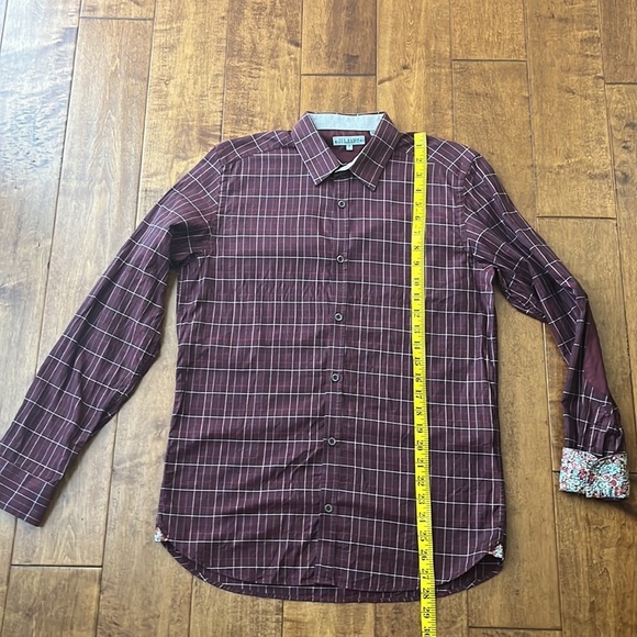 Ted Baker Button Down Shirt Elbows Patch Burgundy Plaid - Picture 11 of 13